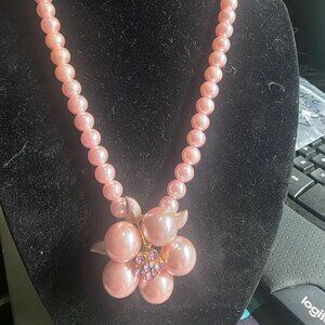 Vintage Pink Faux Pearl Necklace with Pearl Flower Pendant with Rhinestones.